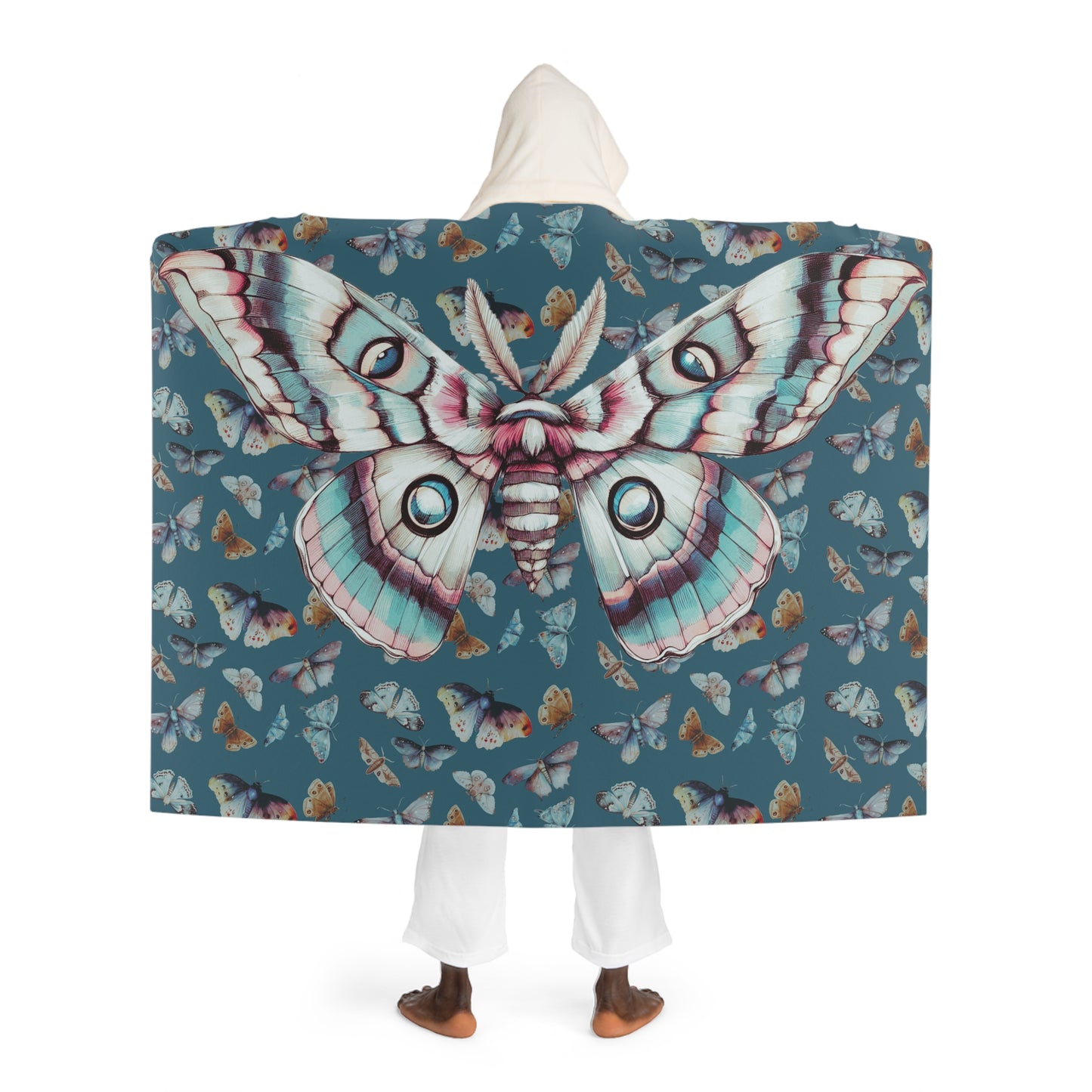 Vibrant Moth Hooded Sherpa Blanket - Cozy Fleece with Graphic Novel Design on Slate Blue Background