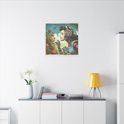 Canvas Print - Retro-Futuristic Female Robot Admiring Flowers, Graphic Novel Style Design, 60s 70s 80s Film Inspired