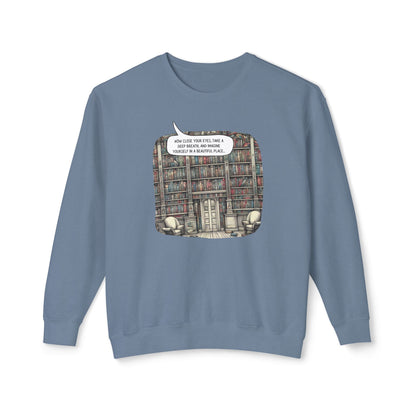 Book Lover's Magical Library Sweatshirt, Illustrating a Ceiling-to-Floor Literary Oasis on a Whimsical Print - Lightweight Attire for Fall and Winter