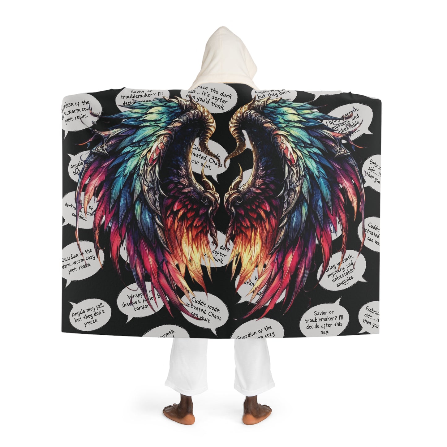 Quirky Hooded Blanket with Fallen Angel Wings and Funny Quotes - Fun and Cozy Gift for Comic Book Fans, Fantasy Lovers, Winter