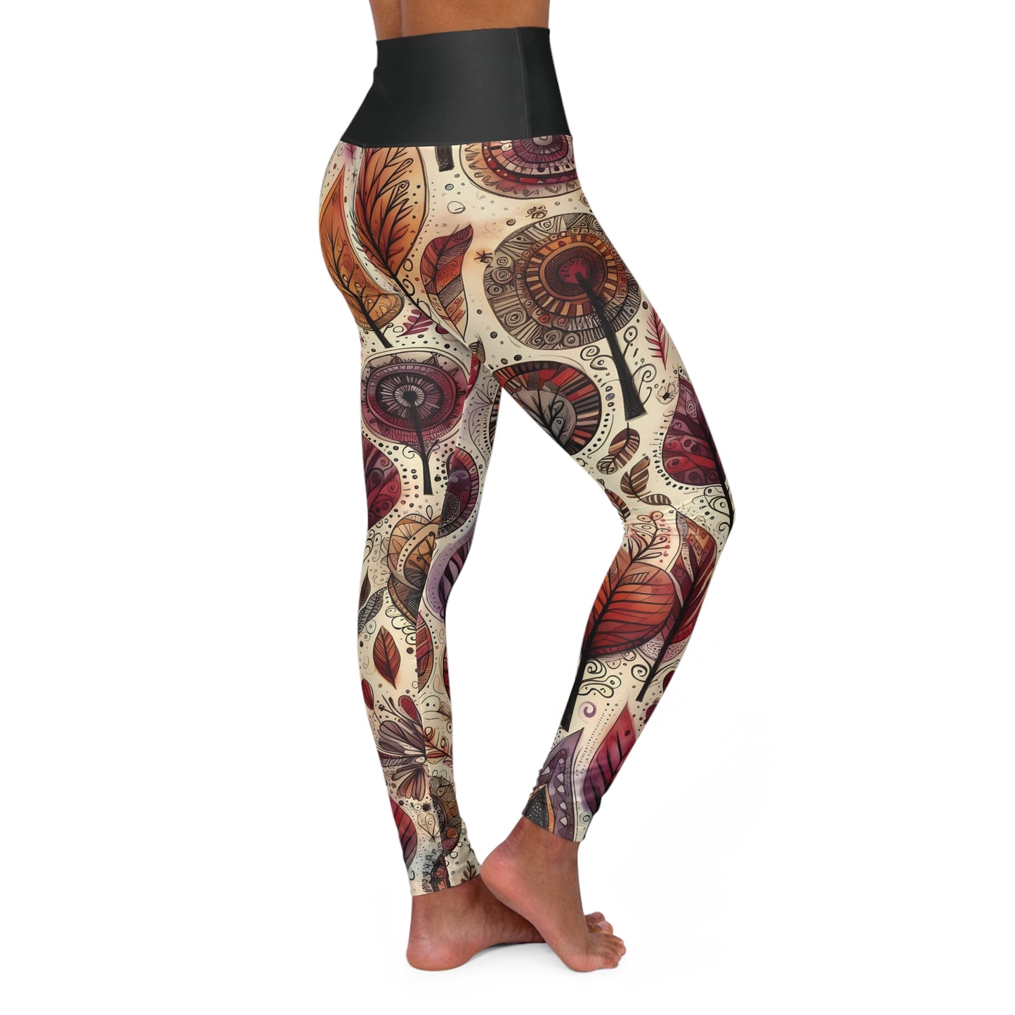 High Waisted Fall Yoga Leggings - Boho Autumn Leaves and Trees, XS-2XL