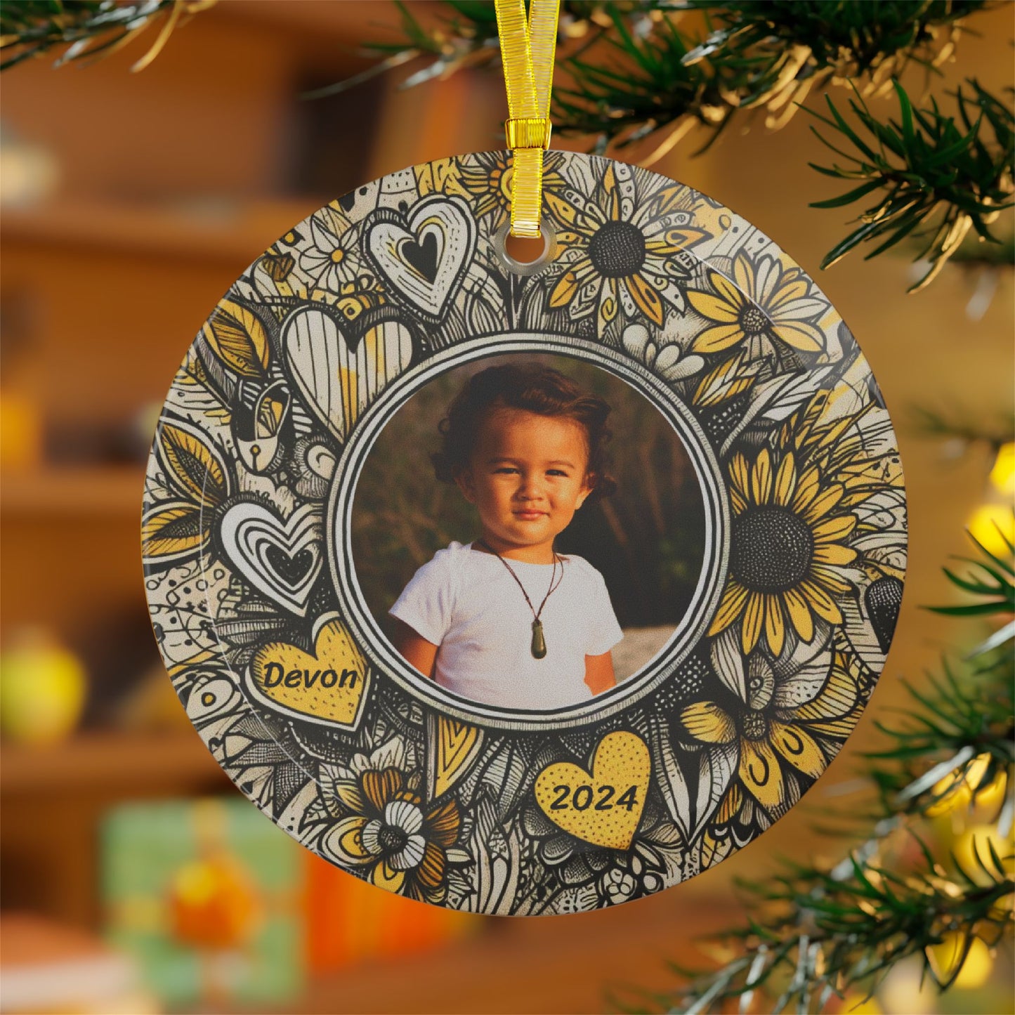 Personalized Glass Ornament - Custom Photo, Name, Year - Whimsical Floral Heart Sketch Yellow Black, Christmas Decoration, Holiday Gift