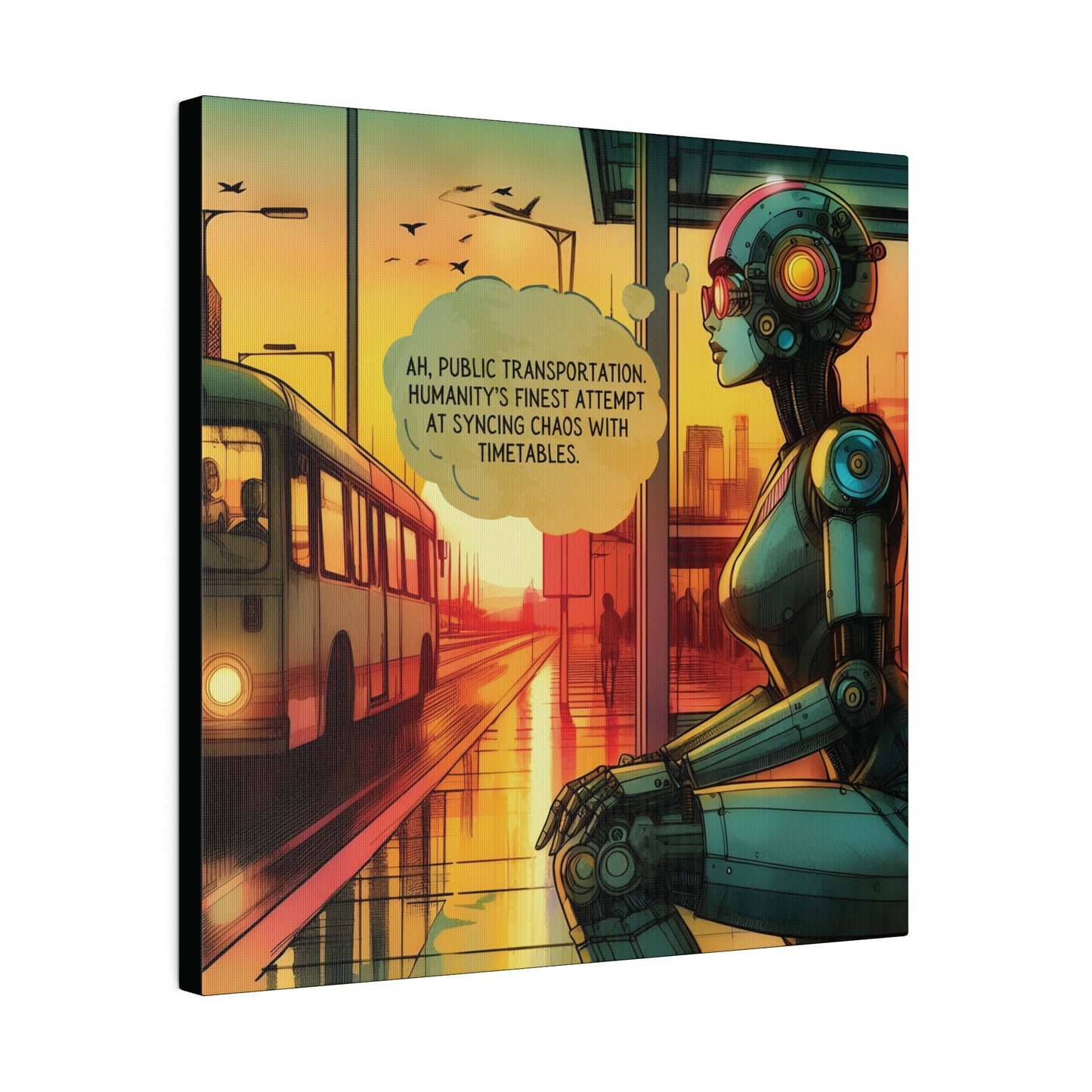 Funny Canvas Print - Retro Sci-Fi Robot Bus Stop Graphic Novel Art, Watercolor Style, Sunset, Moody, Futuristic, Matte Wall Art, Stretched Canvas