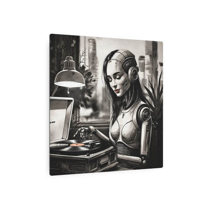 Metal Wall Art - Echoes of the Machine, a Retro-Futuristic Music-Loving Robot Relishing a Record