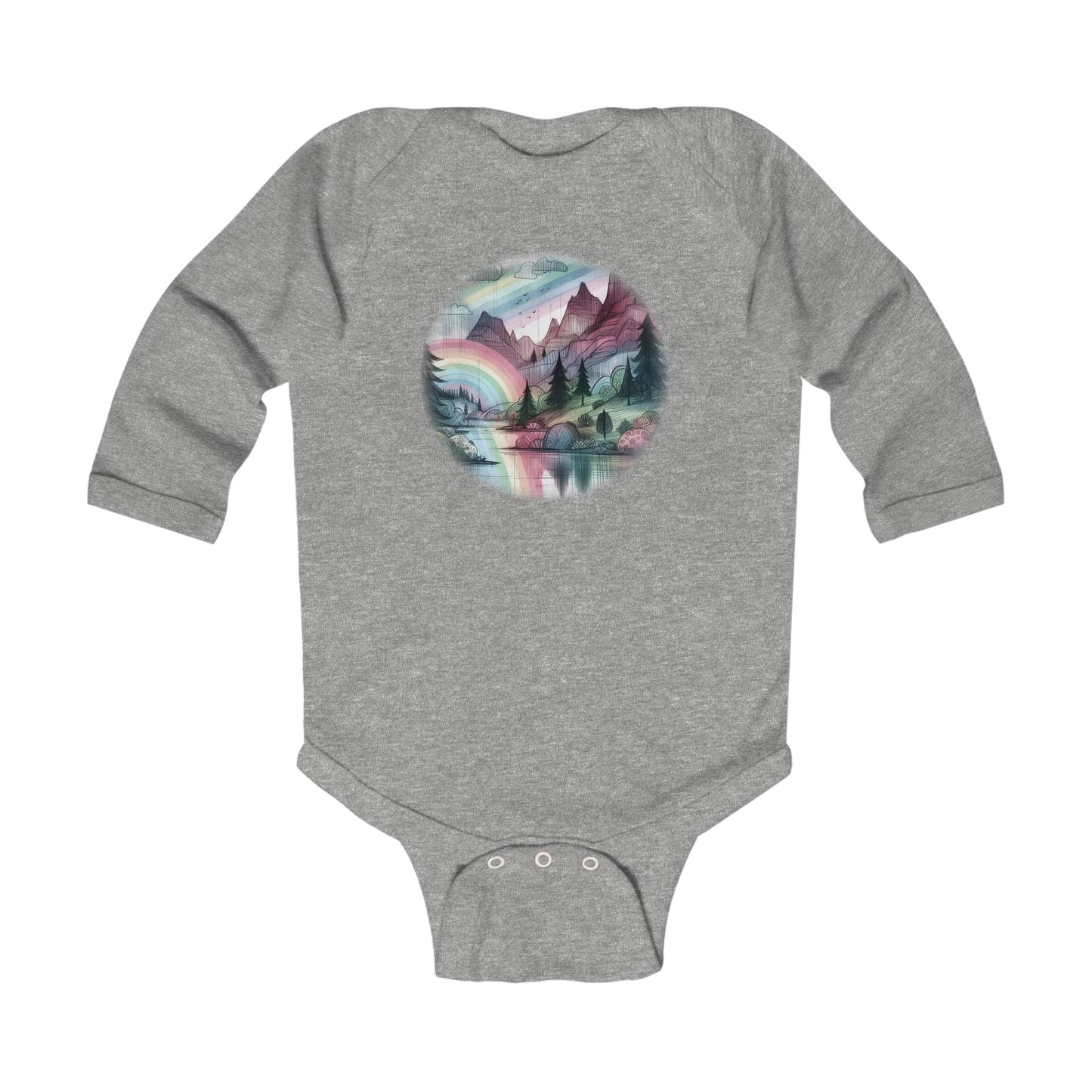 Baby Long Sleeve Bodysuit - Mountain and Rainbow Storybook Scene, Sizes Up to 18mo, Multiple Colors Available