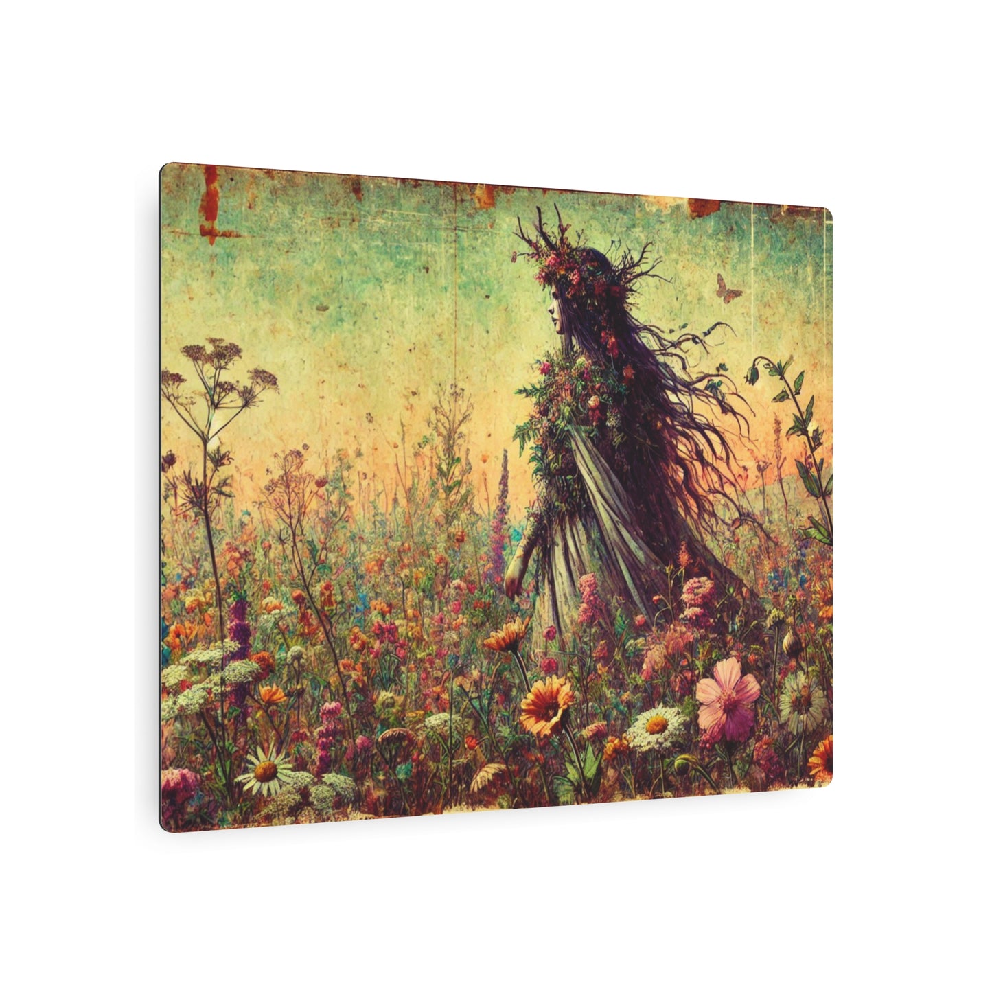 Metal Wall Art - Ancient Earth Goddess Walking Through Vast Wildflower Field