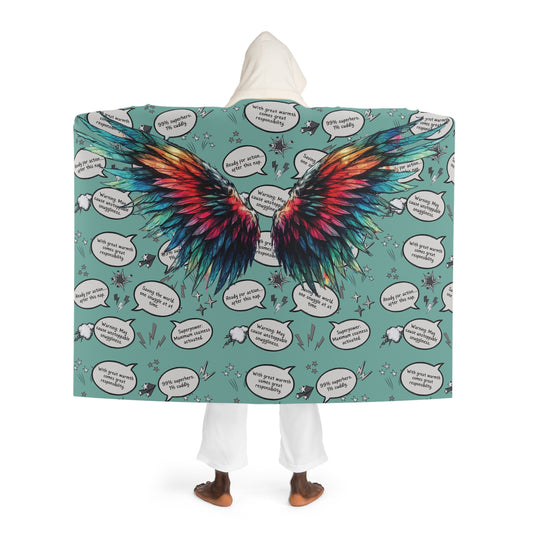 Quirky Hooded Blanket with Superhero Wings and Funny Quotes - Vibrant Teal, Fun and Cozy Gift for Comic Book Fans and Fantasy Lovers