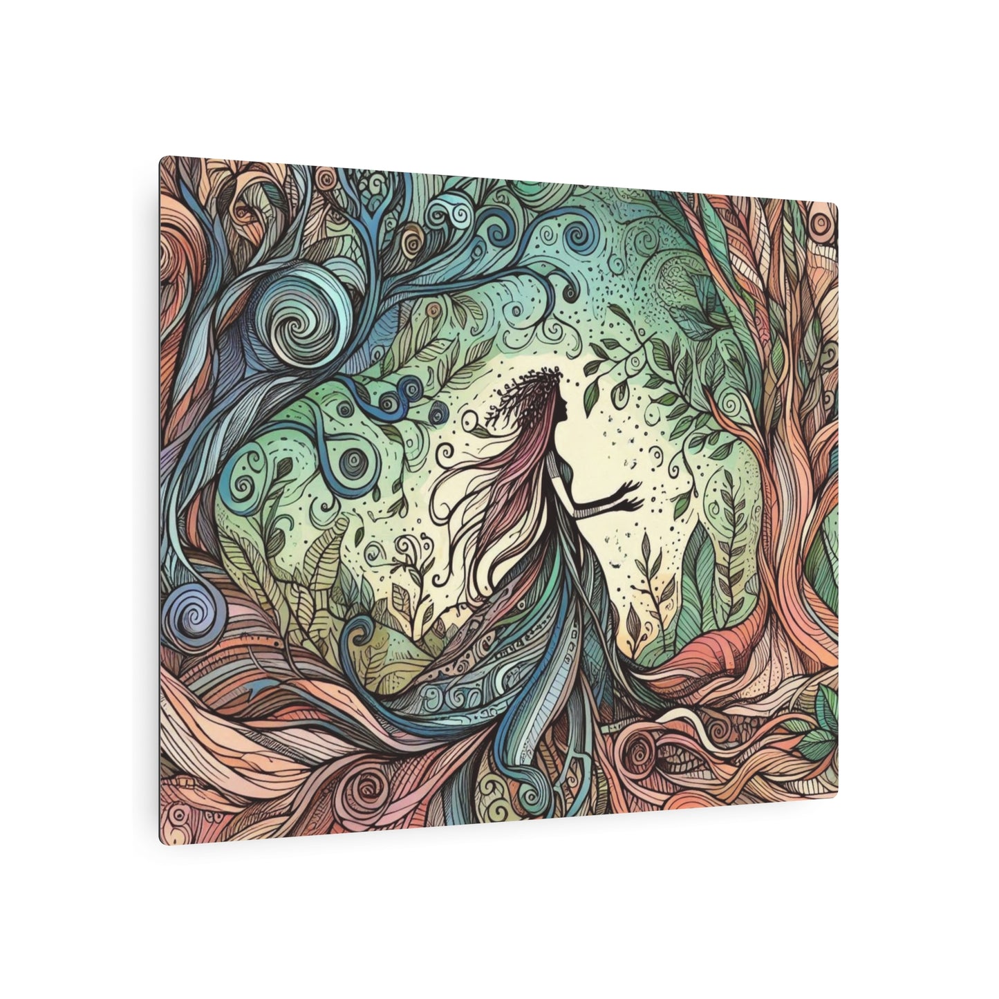 Metal Wall Art - Surreal Forest Goddess Silhouette with Colorful Windy Roots