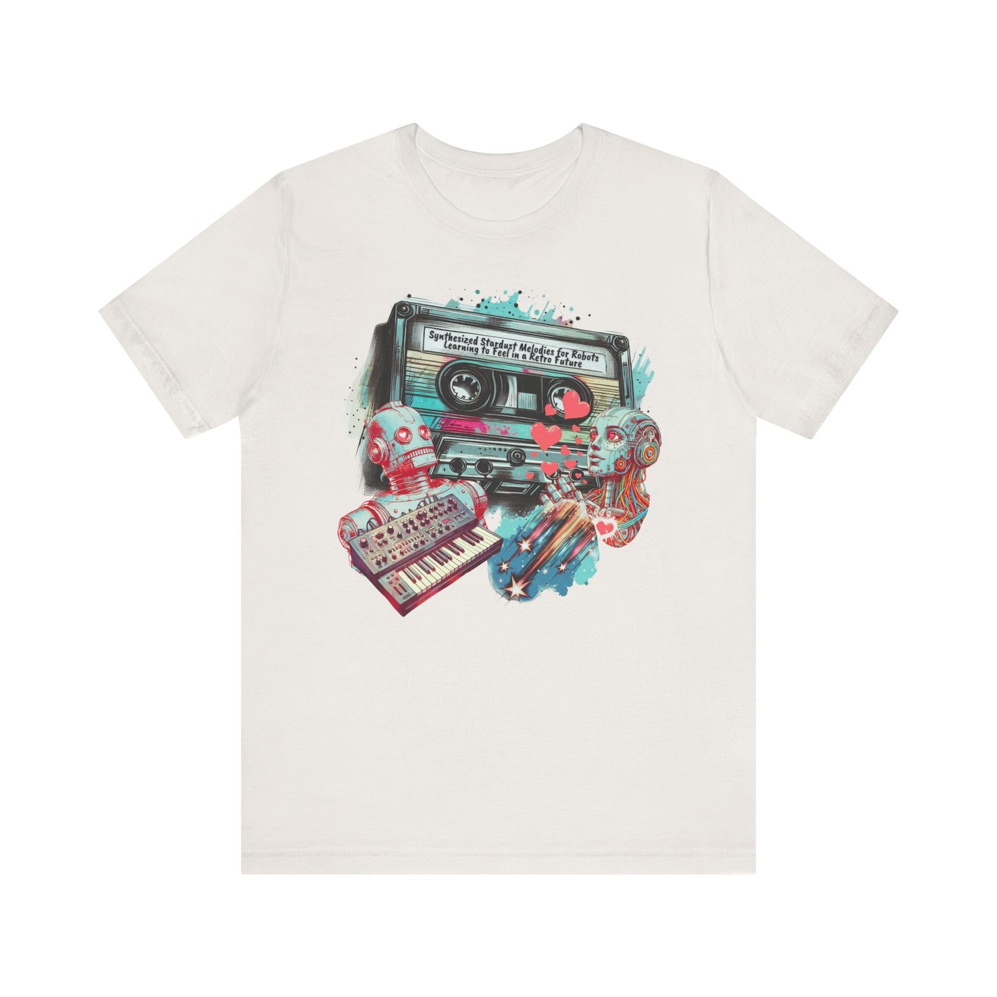 Mixtape T-Shirt - "Synthesized Stardust Melodies" Collage, Unisex Tee with Retro Cassette Tape Design, Great Gift for Music Lovers