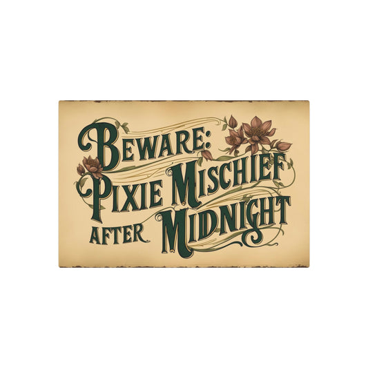 Whimsical "Beware: Pixie Mischief After Midnight" Vintage Victorian Style Large Metal Art Sign for Fairy Lovers - 30x20