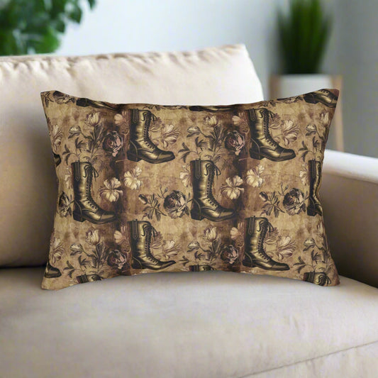 Vintage Boots & Floral Lumbar Pillow – 20x14" Moody Steampunk Cottagecore Decor