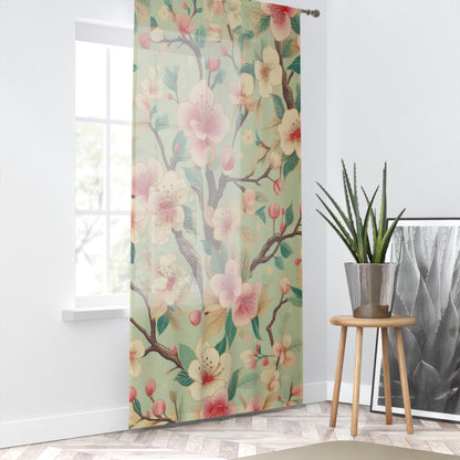 Retro Cherry Blossom Sheer Curtain - Teal, Pink, and Brown Floral Design - 50" × 84" Panel - Fun & Stylish Window Treatment