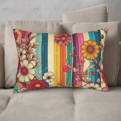 Lumbar Pillow - Retro 70s Inspired Bold Stripes & Nostalgic Florals