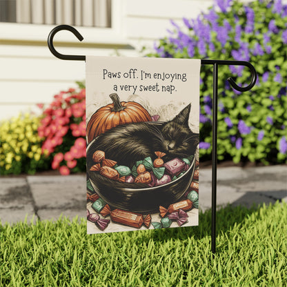 Halloween Yard Flag - Black Cat Napping in Candy Bowl - Outdoor Garden Flag - Cute Halloween Decor for Yard, Garden, or Porch