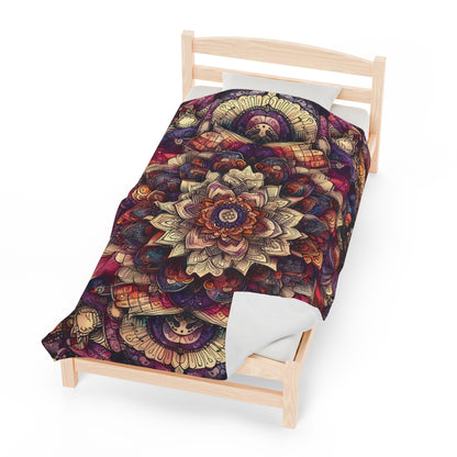 Velveteen Plush Autumn Blanket - Boho Mandala with Red, Purple, and Creme