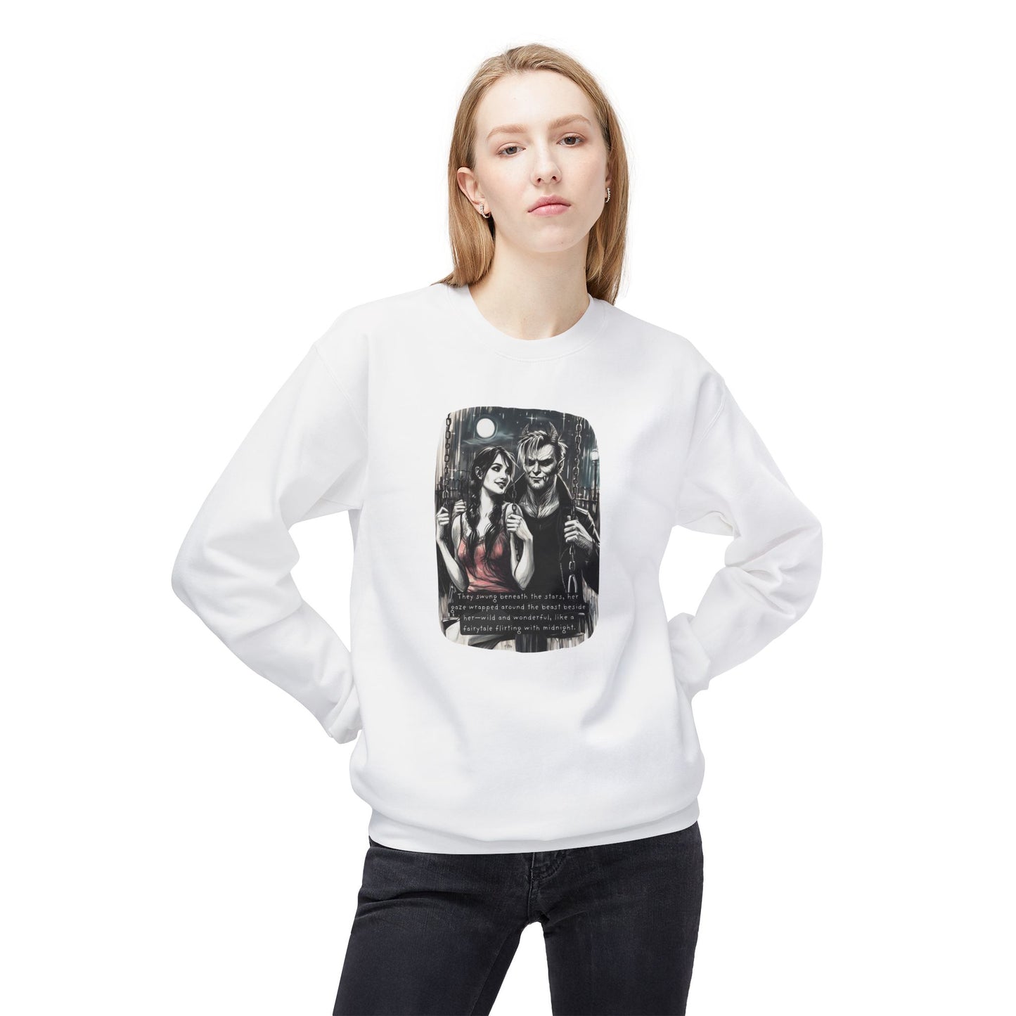 Swing Me to the Moon (Beautiful Monsters Collection) - Unisex Midweight Softstyle Fleece Crewneck Sweatshirt, Multiple Colors Available