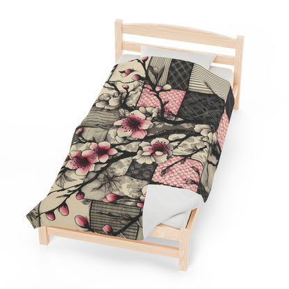 Cherry Blossom Plush Blanket - Patchwork Style Throw with Bold Pink and Black Design