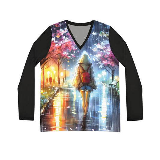 Night Stroll Through a Park of Cherry Blossoms - Women's Long Sleeve V-neck Shirt