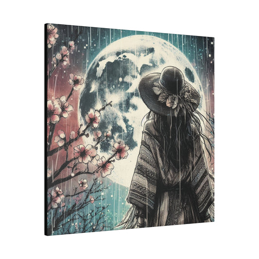 Mystical Free-Spirited Woman & Full Moon Canvas Print - Spring Cherry Blossoms, Pink and Blue Hues