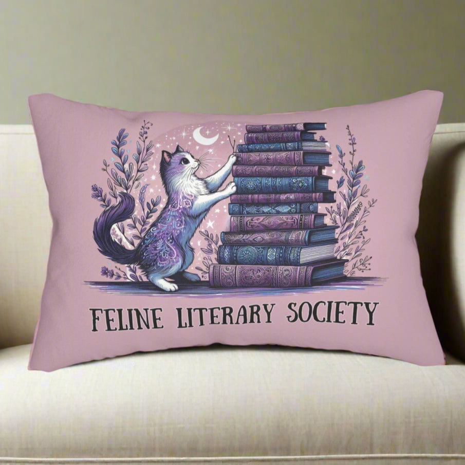 Lumbar Pillow - "Feline Literary Society" Whimsical Book Loving Cat