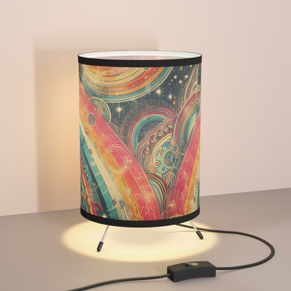 Retro Rainbow Table Lamp - Whimsical Swirly Stripes with Grunge Overlay and Celestial Background - For Office, Kid's Room, Living Space