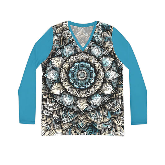 Women's Long Sleeve V-Neck Top - Blue and Black Floral Boho Mandala Pattern, Printed Front & Back