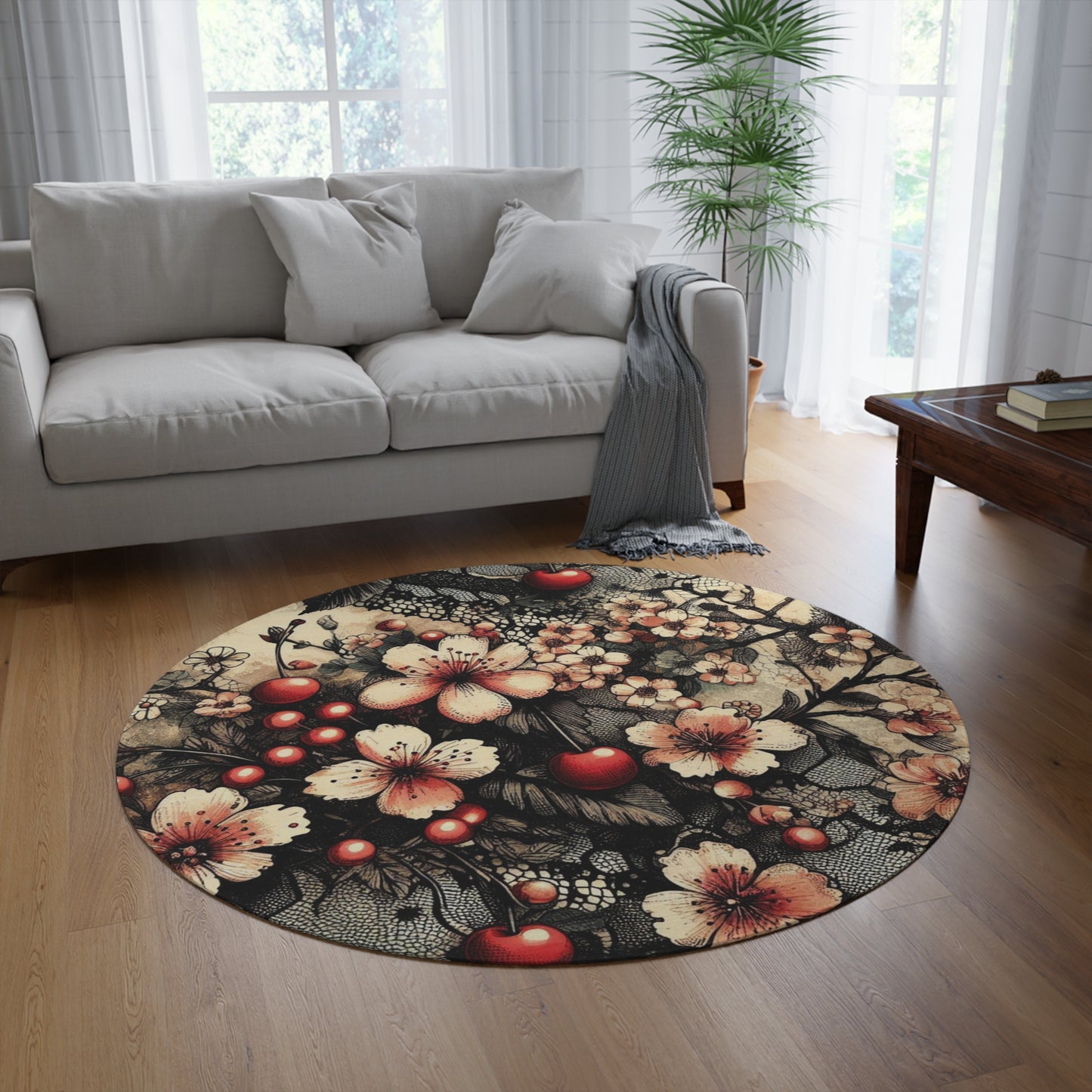 Round Rug - Blooms, Cherries, and Black Lace