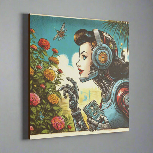 Canvas Print - Retro-Futuristic Female Robot Admiring Flowers, Graphic Novel Style Design, 60s 70s 80s Film Inspired