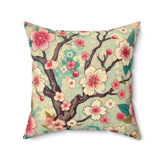 Retro Cherry Blossom Faux Suede Pillow - Bright Pink & Teal Decorative Throw Pillow - Soft Accent Pillow for Sofa, Bed, Lounge