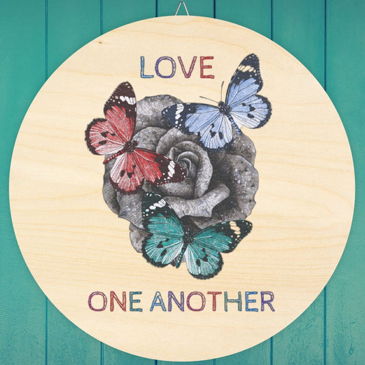 Love One Another Wooden Wall Sign - Vintage Rose and Butterflies - Inspirational Home Decor - Rustic Sign for Bedroom, Living Room, Office