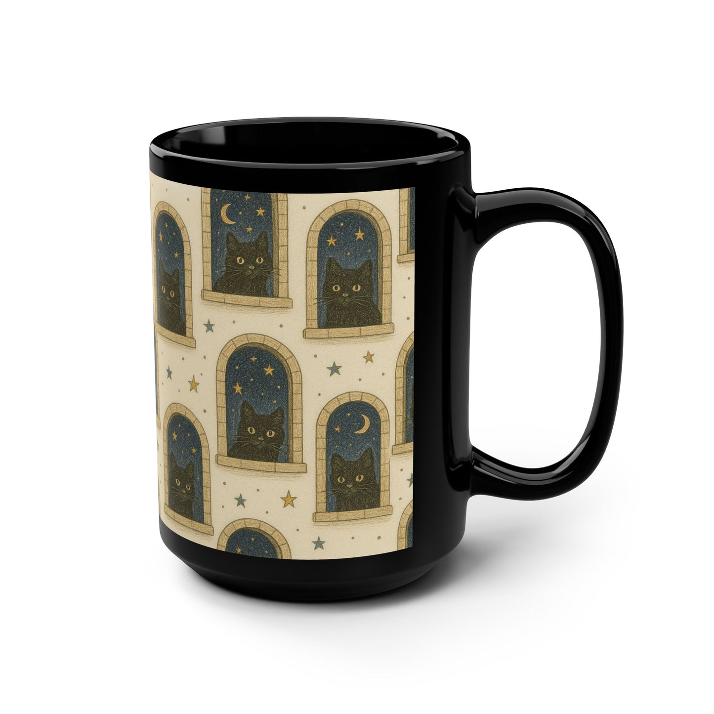 Whimsical Cat-Themed Mug | 15oz Black Ceramic Coffee Cup, Cat Lover Gift, Unique Kitchenware, Cozy Home Decor, Halloween Drinkware