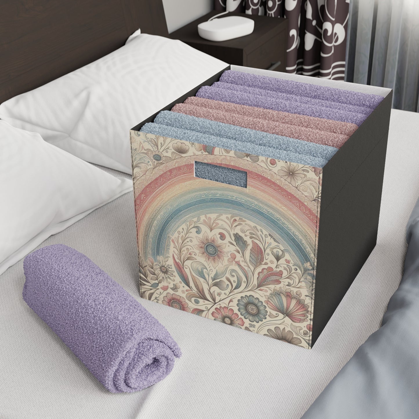 'Granny Chic' Decorative Felt Storage Box - Retro Rainbow and Floral Design  - 14.5" × 13" - For Shelf Organizer or Standalone