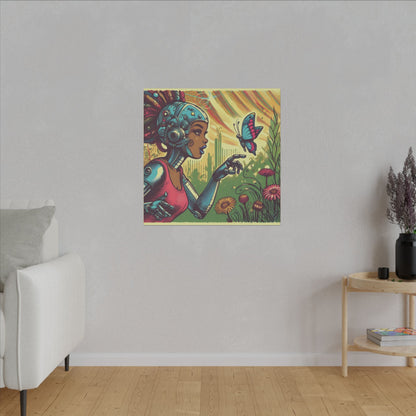 Canvas Print -  Retro-Futuristic Robot and Butterfly Scene, 80s Inspired Whimsical Graphic