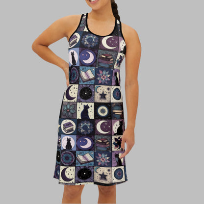 Racerback Dress - "Mystic Tails" Cats, Books & Moons Patchwork