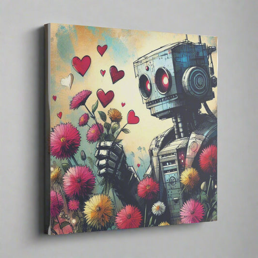 Canvas Print - Retro-Futuristic Robot in Wildflowers, Graphic Novel Style Matte Stretched Wall Art