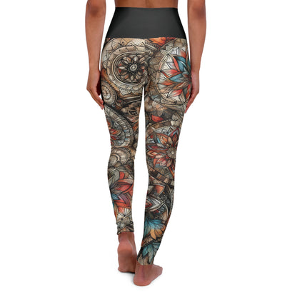 High Waisted Fall Yoga Leggings - Boho Floral Mandala, XS-2XL