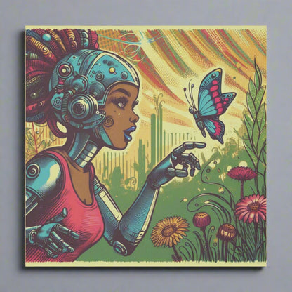 Canvas Print -  Retro-Futuristic Robot and Butterfly Scene, 80s Inspired Whimsical Graphic