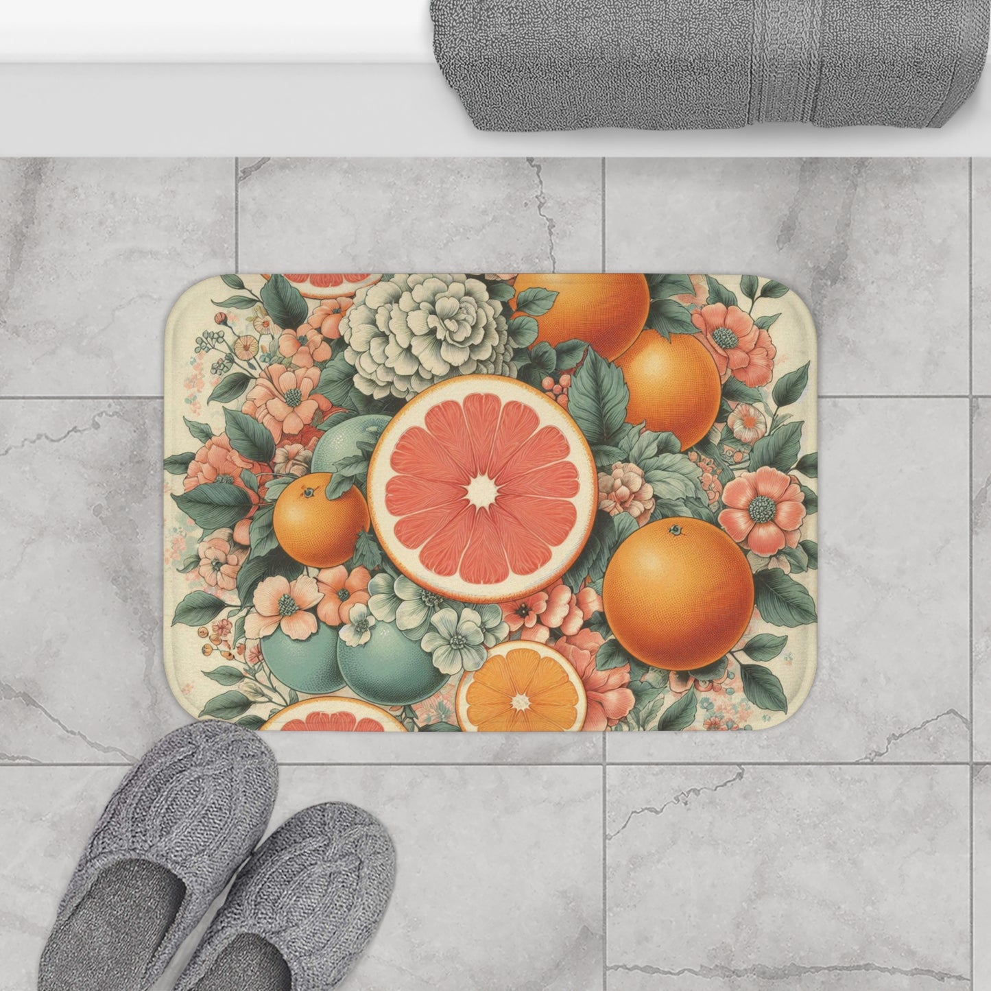 Granny Chic Citrus Bouquet Bath Mat - Fun Retro Grapefruit & Orange Floral Print - Anti-Slip Backing - 100% Microfiber