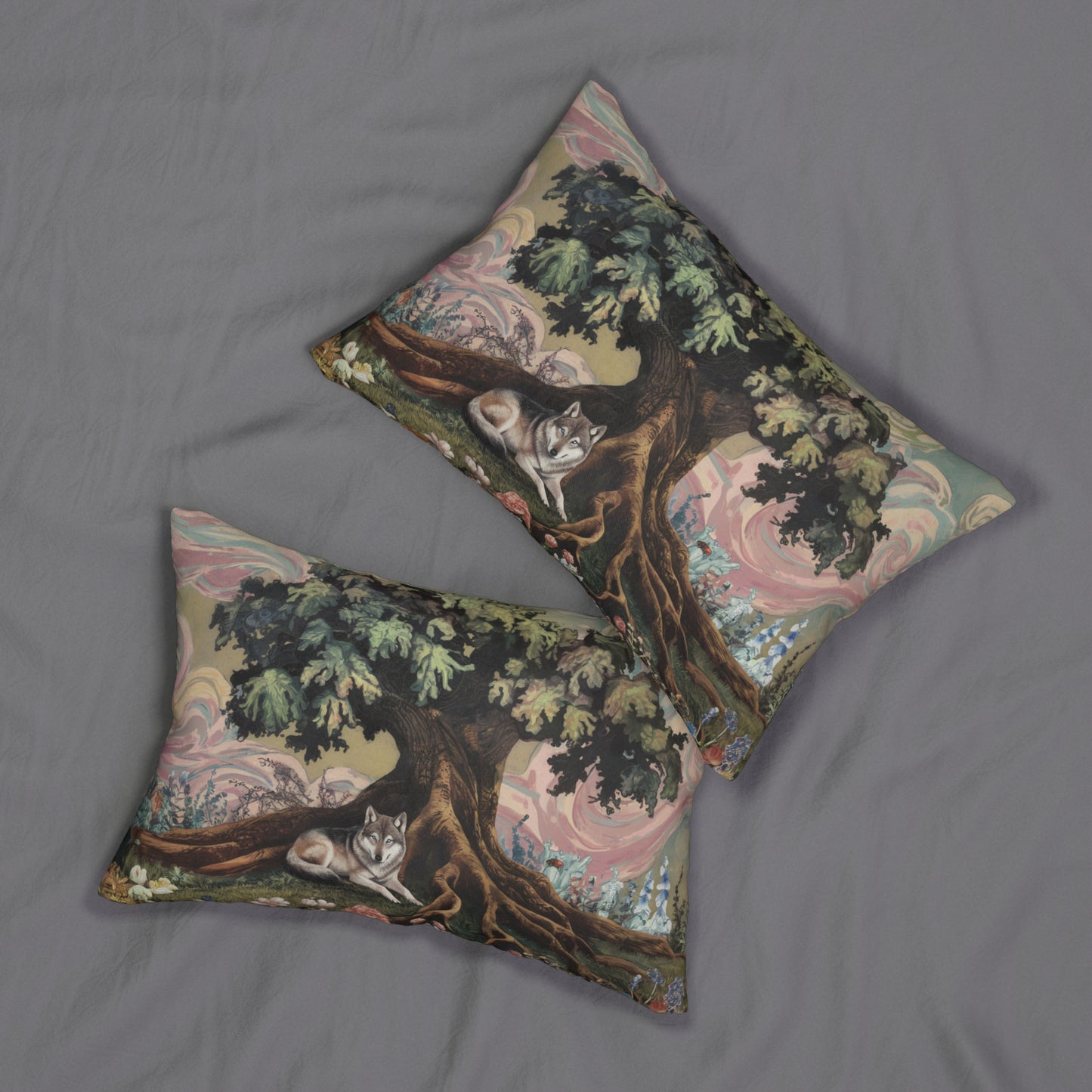Wolf Lumbar Pillow, Mystical Tree Cushion, Dark Fairytale Woodland Home Decor, 20x14 Gothic Throw Pillow