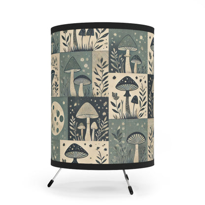 Tripod Table Lamp - Mystical Mushroom Patchwork Charm in Deep Teal & Green