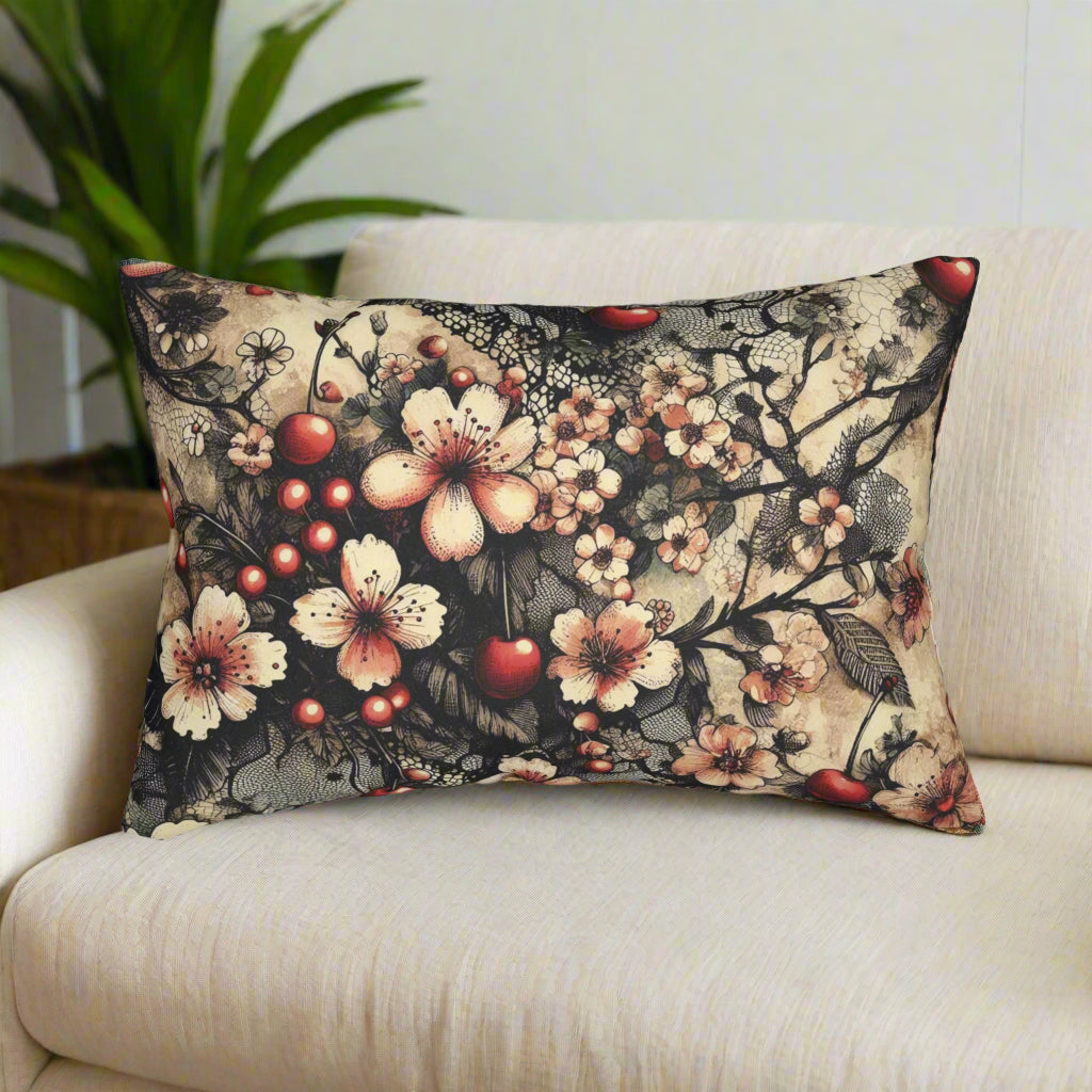 Lumbar Pillow - Blooms, Cherries, and Black Lace