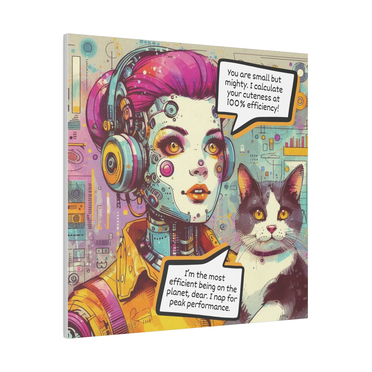 Quirky Robot & Cat Canvas Wall Art - Retro Futuristic Comic Book Style, Whimsical Matte Print for Home Decor