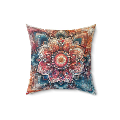 Square Faux Suede Pillow - Boho Floral Mandala, Turquoise, Pink, Orange Tones (Cover + Pillow Included)