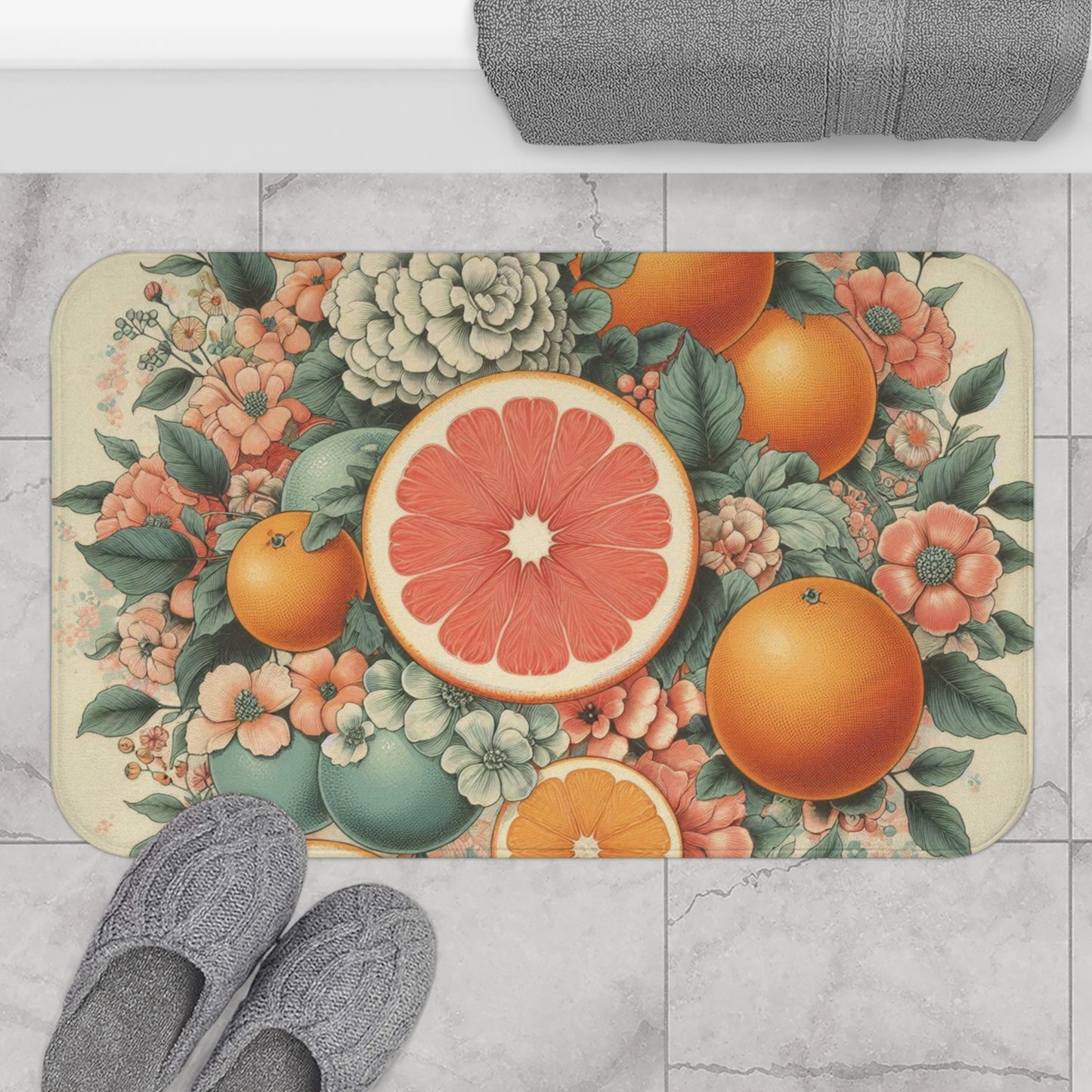 Granny Chic Citrus Bouquet Bath Mat - Fun Retro Grapefruit & Orange Floral Print - Anti-Slip Backing - 100% Microfiber