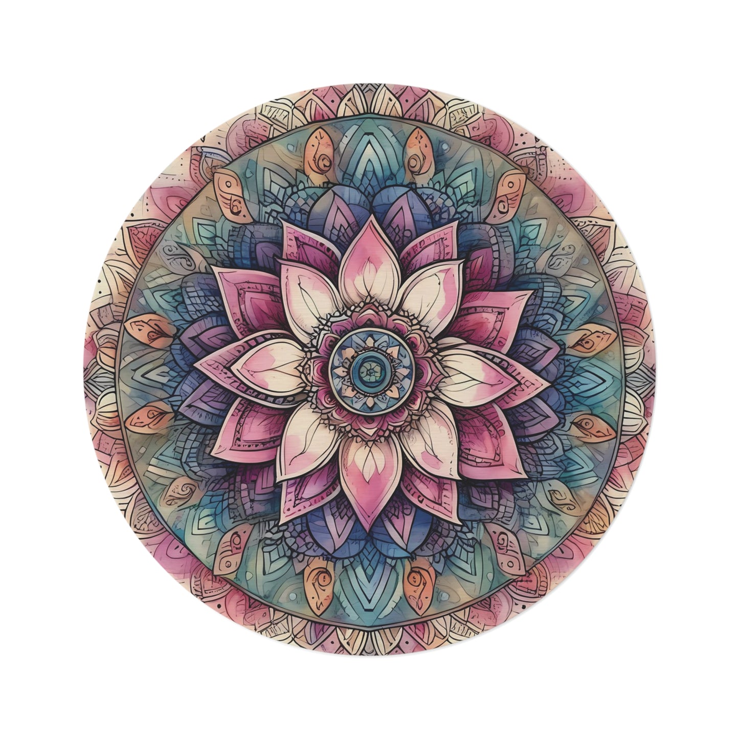 Round 60" x 60" Rug - Boho Mandala Lotus with Pinks and Blues