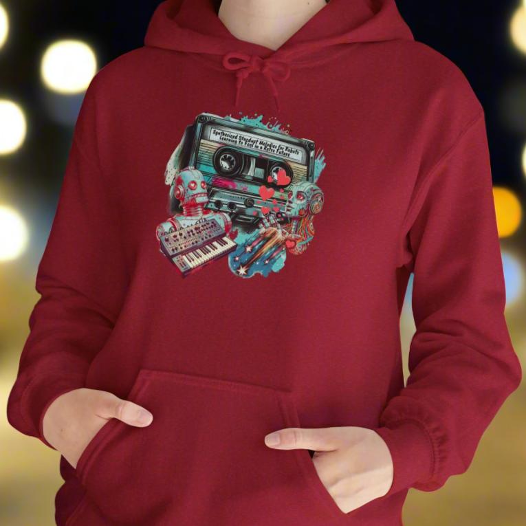 Retro Stardust Melodies Hoodie - Mixtape Collage Design,  Cozy and Perfect for Music Lovers and Fall Festival Attire