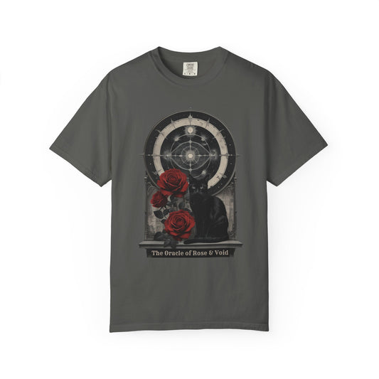 Oracle of Rose & Void T-Shirt, Gothic Cat Comfort Colors Tee, Celestial Black Cat Shirt, Red Roses and Galaxy Design, Witchcore Clothing
