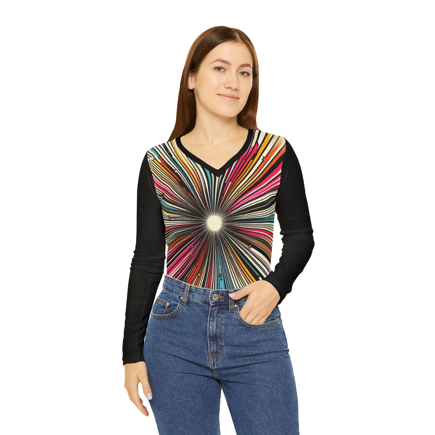 Retro Starburst Long Sleeve Shirt, 80s Style V-Neck Women's Tee, Rainbow Hues, Colorful Whimsical Design, Lightweight Layering Top