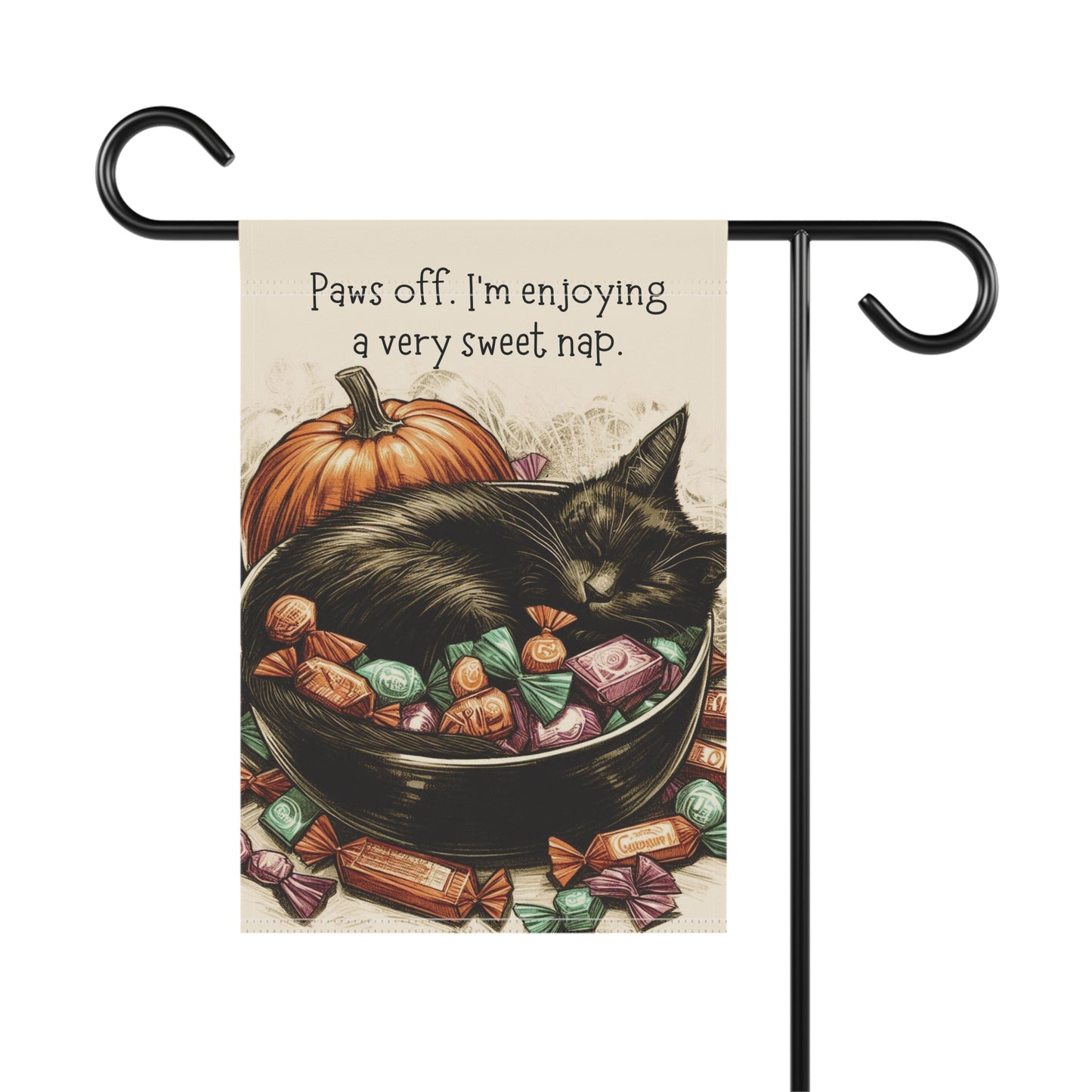 Halloween Yard Flag - Black Cat Napping in Candy Bowl - Outdoor Garden Flag - Cute Halloween Decor for Yard, Garden, or Porch