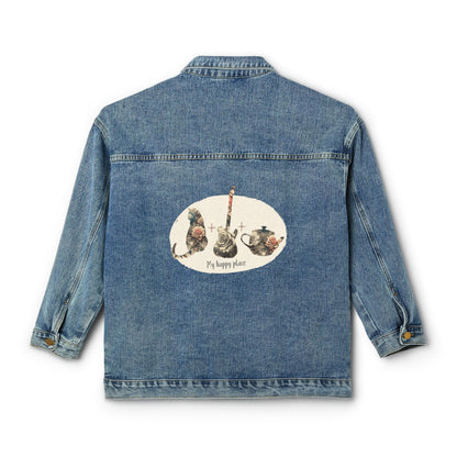 Customizable Women’s Jean Jacket - Personalized "Happy Place" Icons - Vintage Rose Celestial Background Over Denim - Unique Gift